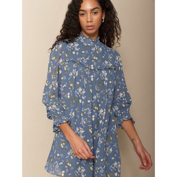 Reformation Jourdan Blue Avery Floral Mini Dress Long Sleeve Boho Size Large - Picture 3 of 9